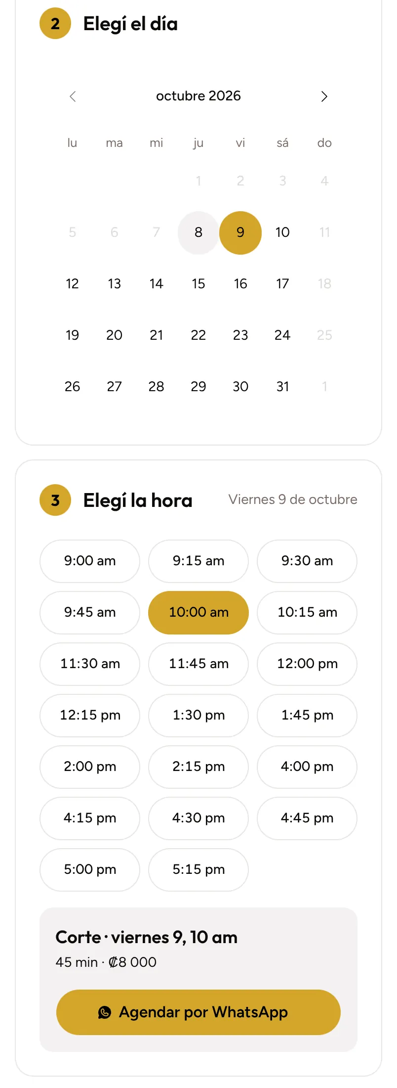 El cliente eligiendo cuándo ir: el calendario con el día escogido, las horas libres de ese día con una seleccionada y el botón para agendar la cita por WhatsApp.